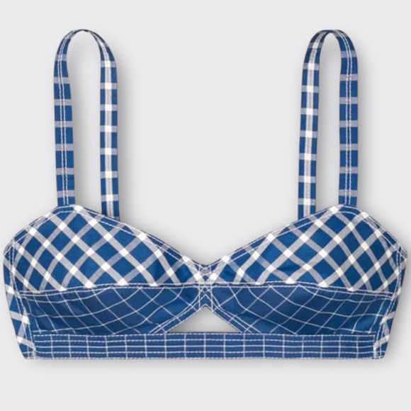TORY BURCH Picnic Plaid Bra Top ASO J Lo Silk Vintage-Inspired Retro Blue S 4 - Picture 4 of 9